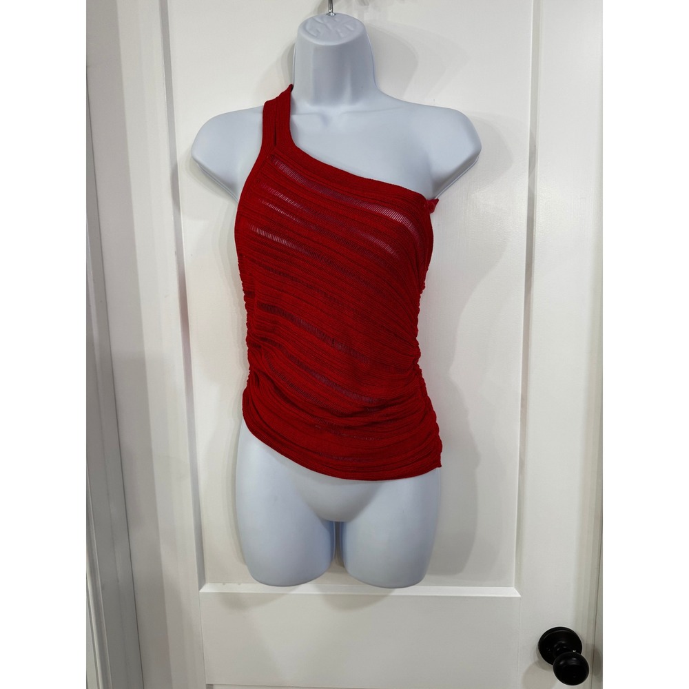 Anthropologie Red One Shoulder Open Knit Asymmetrical Ruched Top Small - Picture 2 of 6